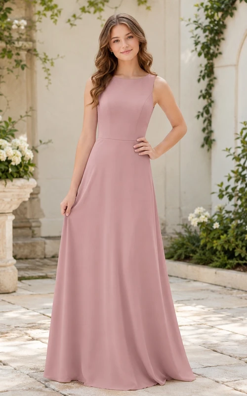 Vestido de dama de honor juvenil color rosa empolvado, corte ajustado, sin mangas, con detalles de joyas, elegante.