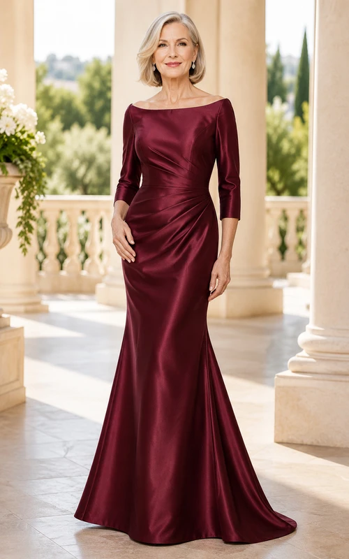 Burgunderfarbenes Meerjungfrauen-Kleid aus Satin mit Bateau-Muster