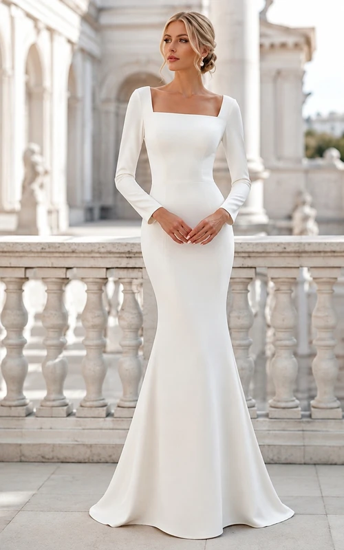 Vestido de novia sencillo de satén estilo sirena, largo hasta el suelo, con escote cuadrado y mangas largas.