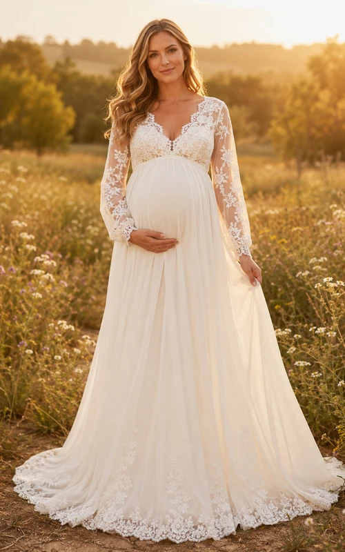 Boho A-Line Maternity Wedding Dress V-Neck Long Lace Sleeve Gown with Low Back