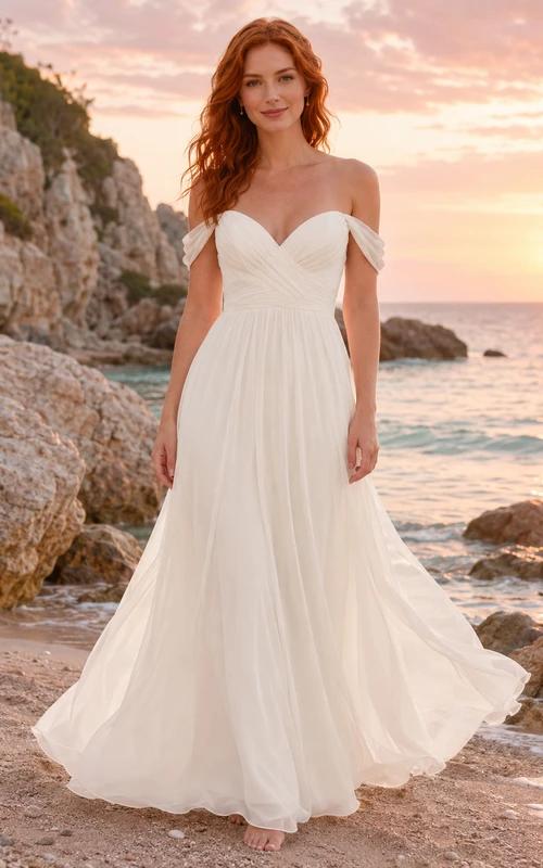 Vestido de novia de gasa de corte A con escote corazón y hombros descubiertos, ideal para la playa.