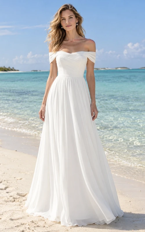 Vestido de novia sencillo de gasa con hombros descubiertos, corpiño drapeado y falda acampanada hasta el suelo.