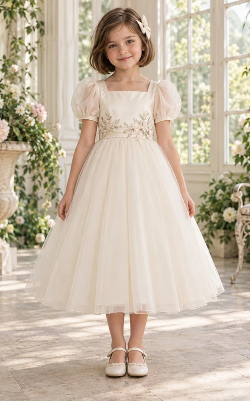 Vestido de niña de flores de corte A, largo hasta la rodilla, cuello cuadrado, tul color marfil, mangas abullonadas, cintura bordada y lazo en la espalda.