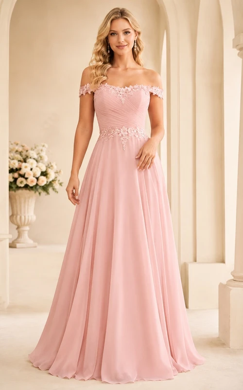 Blush Off Shoulder Puff Sleeve Tulle A-Line Floor Length Bridesmaid Dress