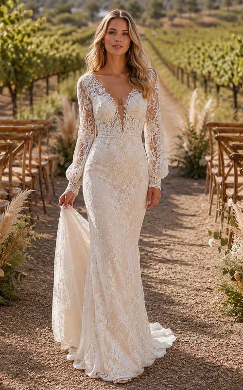 Long Sleeve Vineyard Boho Lace Chapel Train Wedding Dress