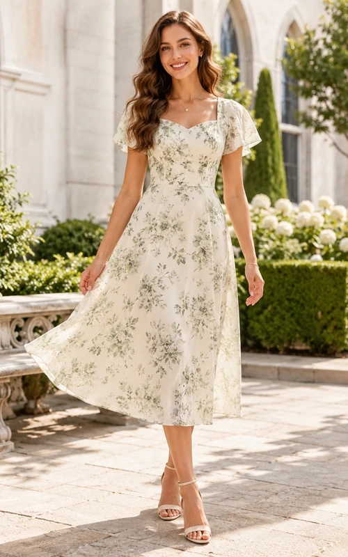Schlichtes, teelanges, geblümtes A-Linien-Kleid mit herzförmigem Ausschnitt und flatternden Ärmeln für die Kirche