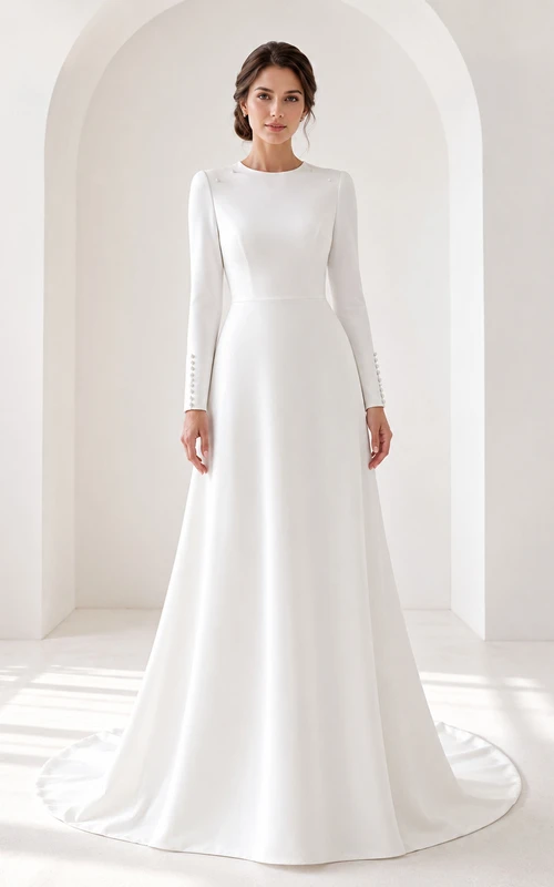 Vestido de novia religioso sencillo y modesto de manga larga, estilo estudio.