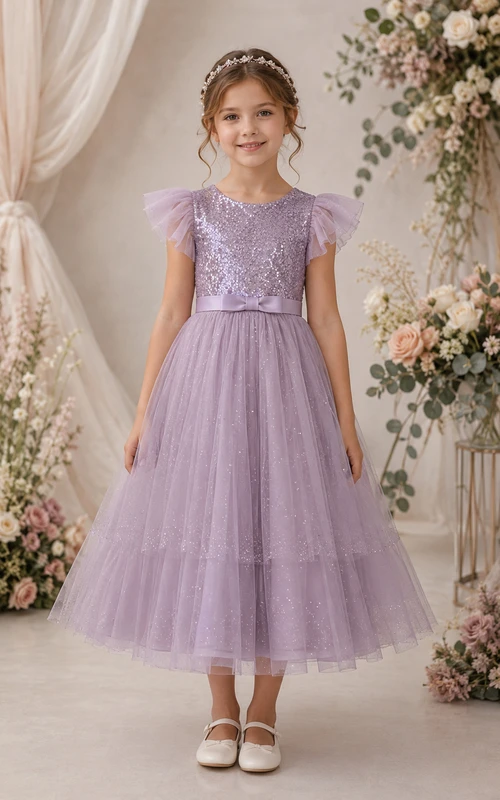 Lavender Tea-Length A-Line Lace Flower Girl Dress with Bow Sash