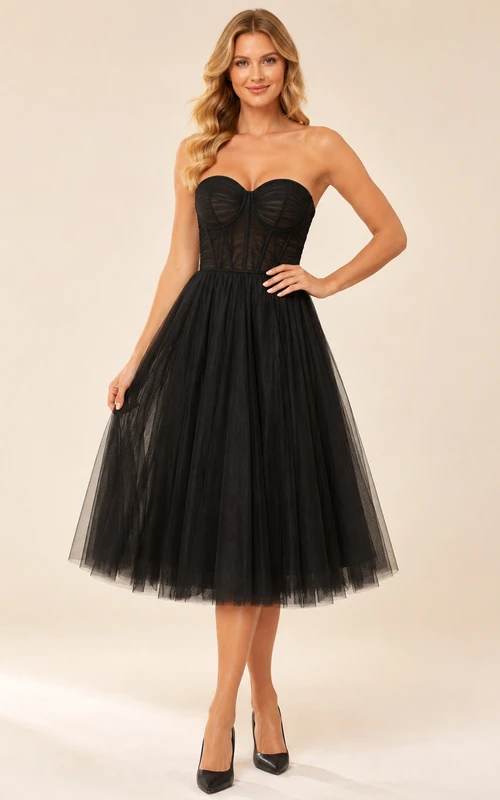 Tulle Waltz Black A-Line Tea-Length Strapless Sleeveless Vintage Cocktail Dress