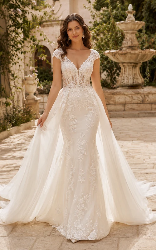 Robe de mariée romantique en dentelle et tulle, décolleté plongeant en V, coupe trapèze, ornée d'appliques et d'un dos nu.