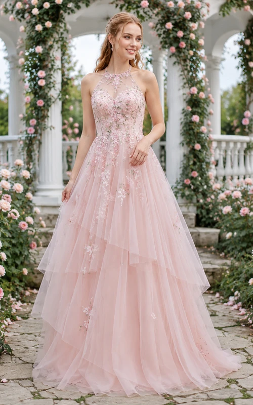 Pink Floral Strapless Tiered Tulle Garden Wedding Gown