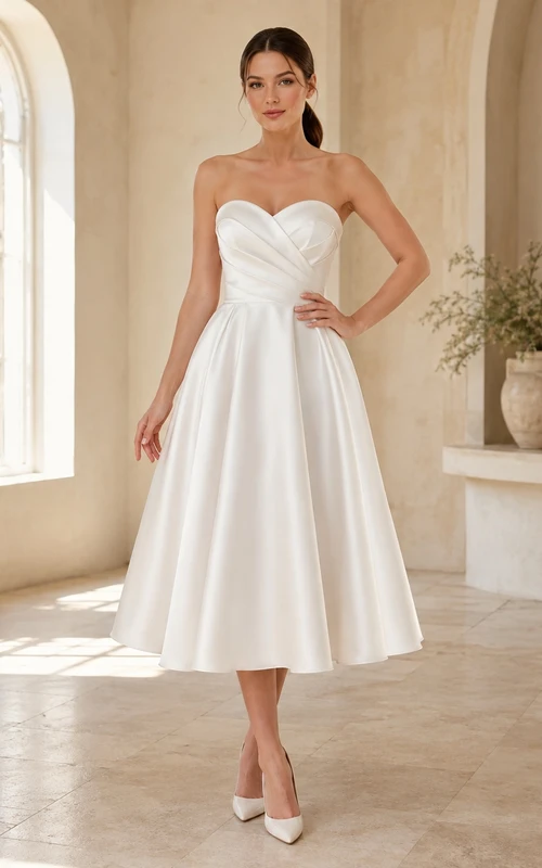 Minimalist Sweetheart Satin Tea Length Strapless A-Line Bridal Dress