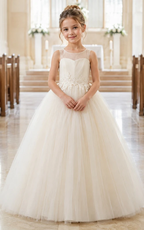 Klassisches A-Linien-Kleid aus Tüll mit Schleife für Blumenmädchen, kurzen Ärmeln, Rundhalsausschnitt, wadenlangem Rock und Schleifendetail.