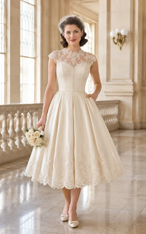 Champagnerfarbenes Vintage-Kleid in A-Linie mit Schmuckkragen, Spitze, Teelänge, elegant, für eine intime Hochzeit