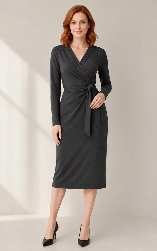 Robe crayon midi cache-cœur à manches longues et col en V gris anthracite