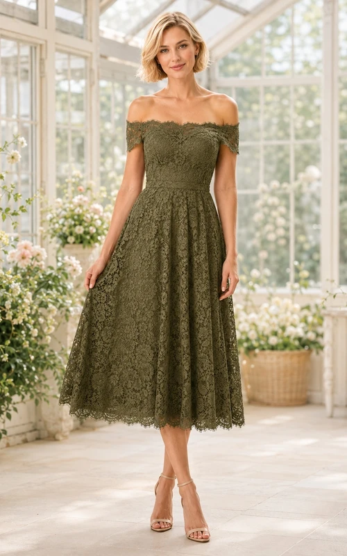 Robe d'invitée élégante en dentelle florale olive à épaules dénudées et ourlet festonné, longueur thé, coupe trapèze.