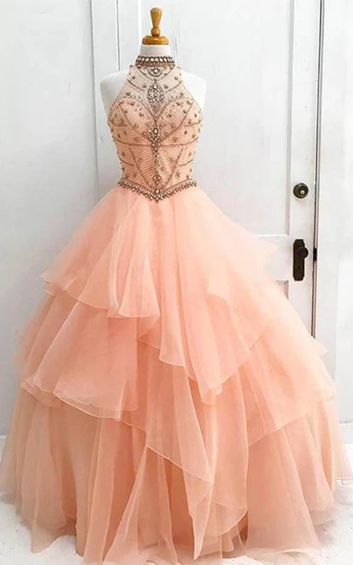 Vestido de gala de organza sin mangas con escote alto y abertura en forma de ojo de cerradura