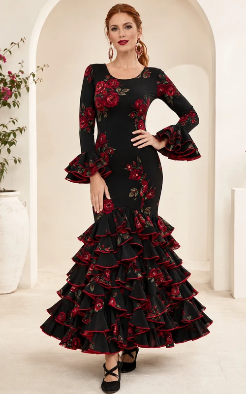Schwarzes Flamenco-Kleid mit rotem Rosenmuster, Rundhalsausschnitt, langen Glockenärmeln und Stufenrock in Meerjungfrauen-Länge, knöchellang und mit rotem Rosenmuster