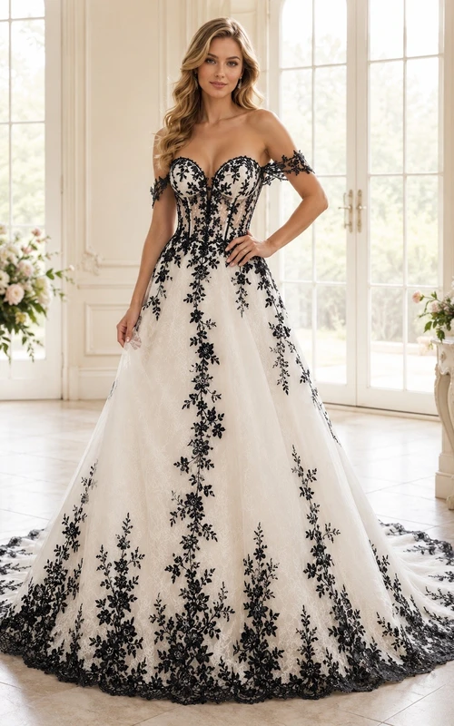Vestido de novia bohemio romántico elegante con hombros descubiertos y estampado floral, corte en A.