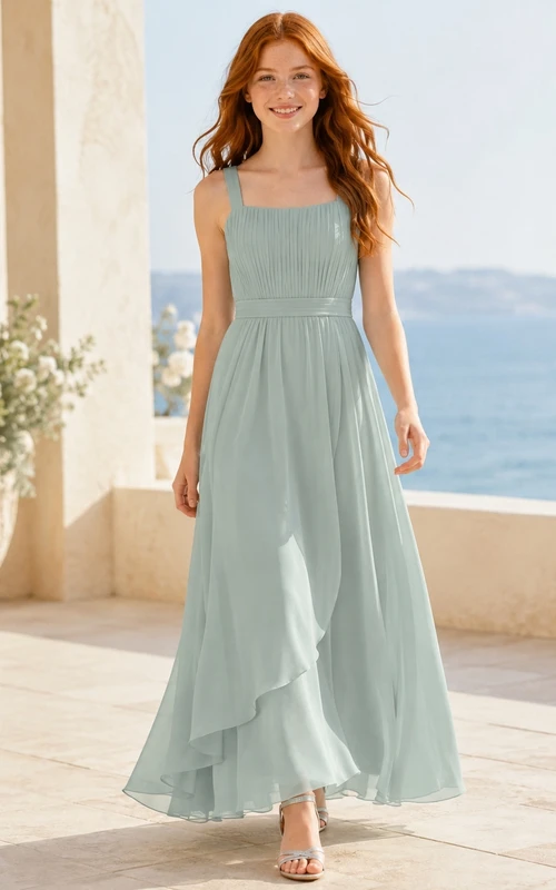 Vestido de dama de honor juvenil color celadón, corte en A, largo hasta el suelo, sin mangas, con falda de capas, estilo romántico.