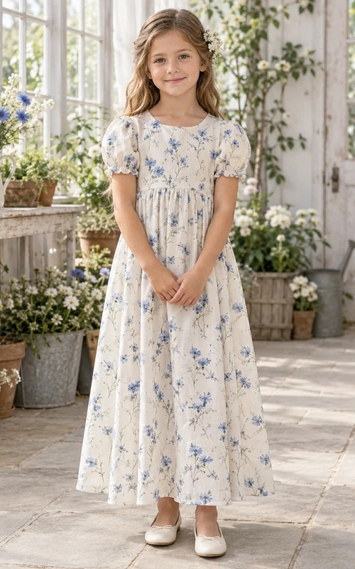 Country Cream Floral Puff Sleeve Jewel Neck Linen A-line Flower Girl Dress