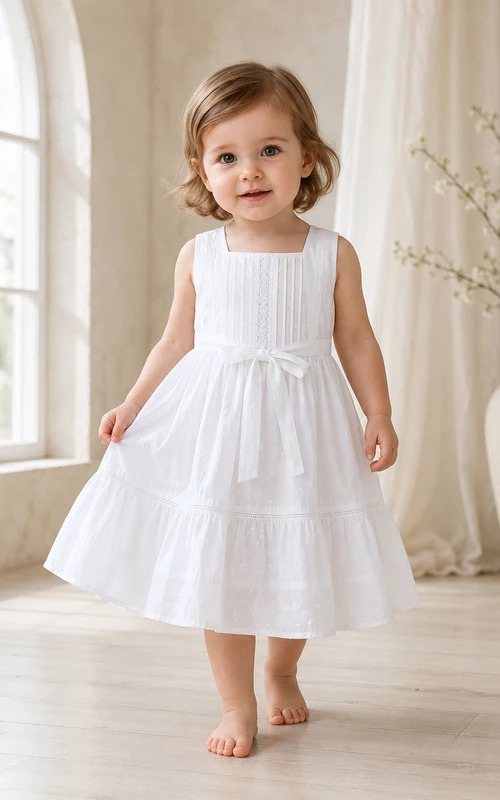 Cotton Batiste Baby Baptism A-Line Tea-Length Square Neck Dress Simple Adorable Elegant Sleeveless