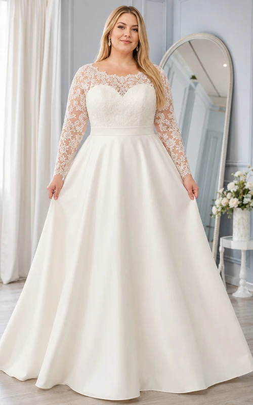 Robe de mariée de bal en satin, col bijou, manches longues illusion, dentelle, taille moyenne, grande taille.