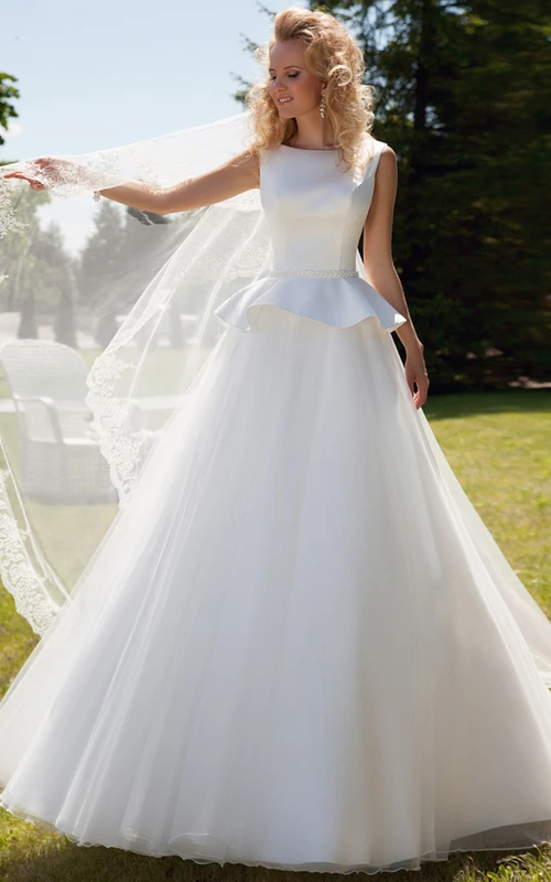 Ball-Gown Peplum Sleeveless Scoop Floor-Length Satin&Tulle Wedding Dress With Corset Back And Waist Jewellery