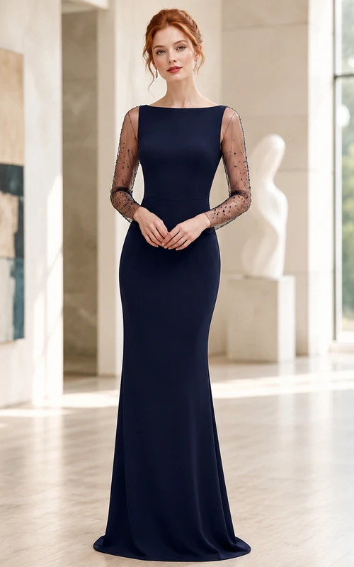 Dark Navy Bateau Illusion Sleeve Sheath Evening Dress