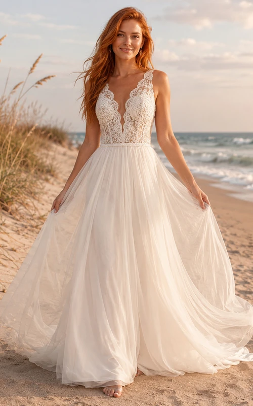 Robe de mariée trapèze en tulle à bretelles en dentelle, style plage, pour une destination de mariage.