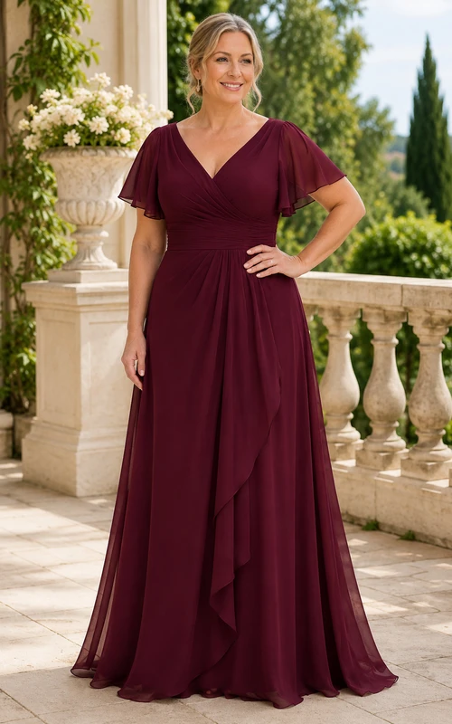 Burgunderfarbenes Chiffon-Kleid in A-Linie mit V-Ausschnitt und Rüschen