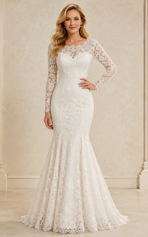 Robe de mariée sirène élégante et romantique à manches illusion longues, entièrement en dentelle et traîne.