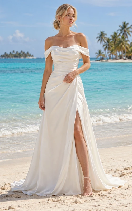 Schulterfreies Brautkleid aus Satin mit drapiertem Oberteil und gewickeltem A-Linien-Rock mit Schlitz