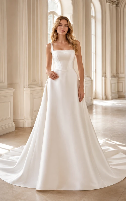 Robe de mariée minimaliste en satin, coupe trapèze plissée, col carré et traîne chapelle