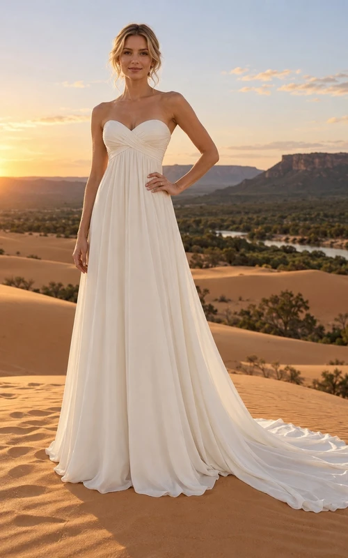 Empire-Brautkleid aus Crêpe, trägerlos, mit herzförmigem Dekolleté, Wickeloberteil und kurzer Schleppe