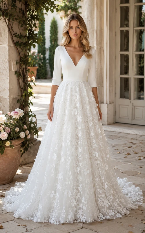 White Long Sleeve V-Neck Lace A-Line Wedding Dress