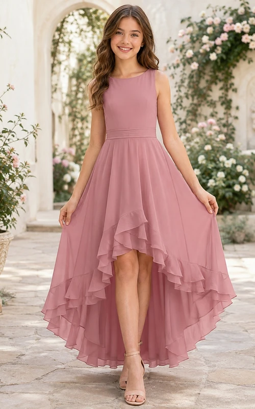 Vestido de dama de honor juvenil color rosa empolvado, corte en A, sin mangas, asimétrico, de gasa con volantes, estilo romántico.