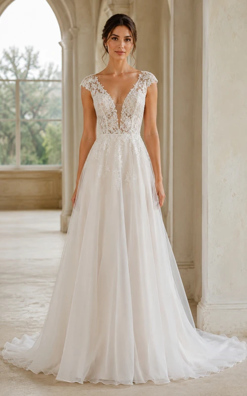 Vestido de novia modesto de corte A con encaje, mangas con volantes y cola suave.