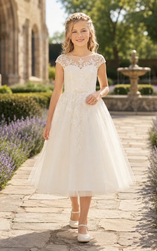 Robe de communion en tulle à manches courtes effet bateau, style jardin