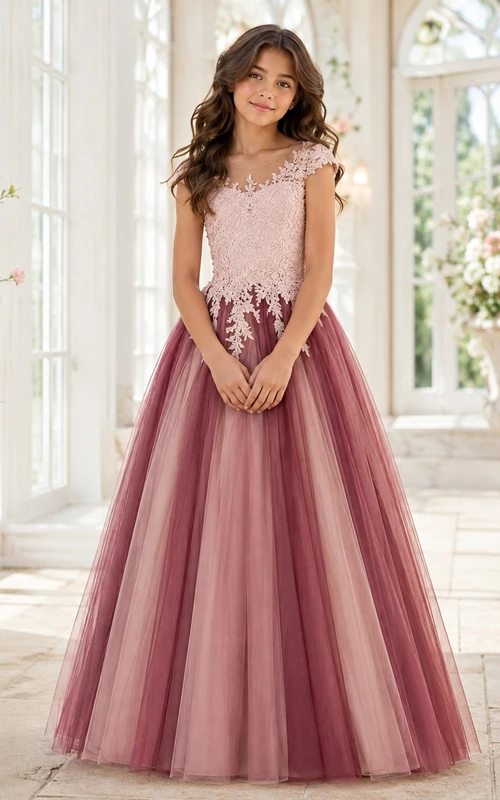 Robe de demoiselle d'honneur junior bordeaux, coupe trapèze, manches courtes illusion festonnées, dentelle, tulle, appliques florales élégantes