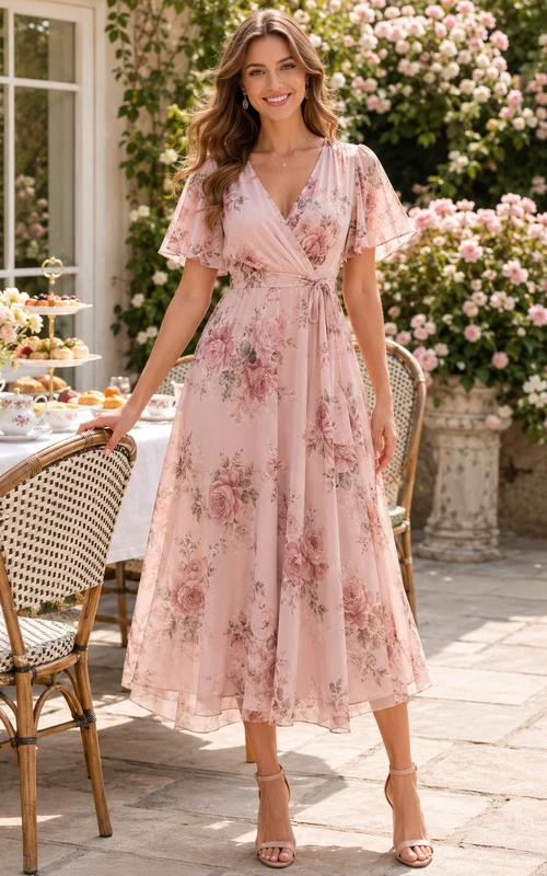 Blush Floral V Neck Flutter Sleeve Midi Brunch Dress