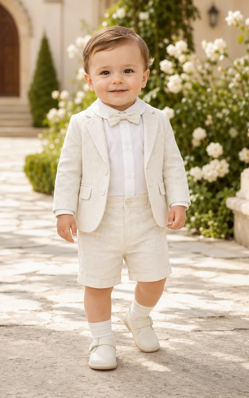 Cream Blazer Bow Tie Short Formal Baby Christening Suit for Baby Boy
