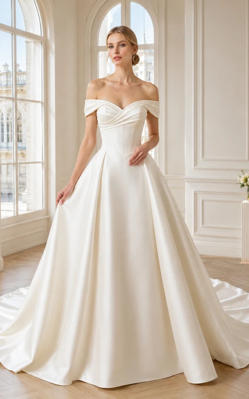 Robe de bal en satin à épaules dénudées et décolleté cœur, boutonnée, traîne courte