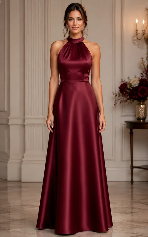 Robe de demoiselle d'honneur bordeaux en satin à col halter et coupe trapèze