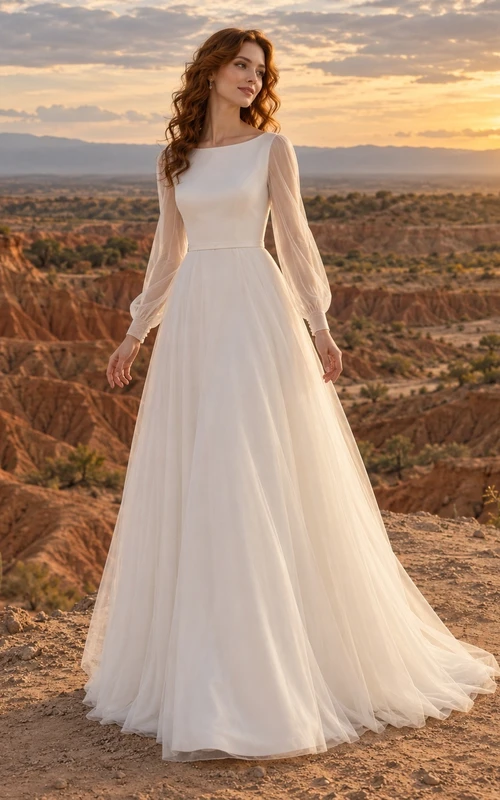 Vestido de novia de tul de manga larga con escote barco, corpiño y cola en línea A.