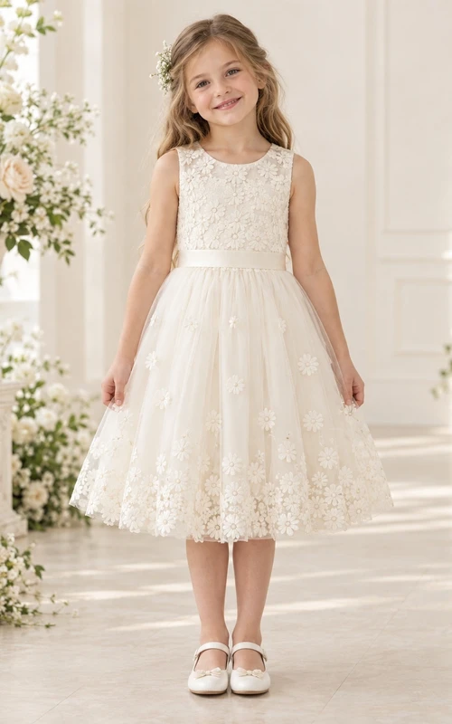 Tea-length Ivory Daisy Scoop Sleeveless A-Line Gathered Tulle Floral Border Satin Waist Zipper Flowergirl Dress
