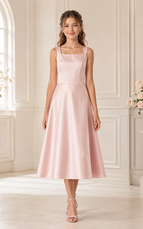 Modernes, ärmelloses, perlmuttrosa Satin-Brautjungfernkleid in A-Linie und Teelänge