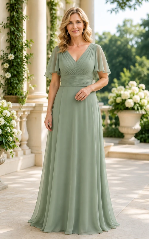 MOB-Kleid, salbeigrüner Chiffon, A-Linie, kurze Ärmel, V-Ausschnitt, bodenlang, plissiert