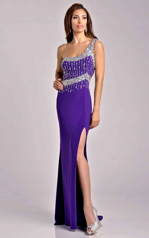 Vestido de fiesta ajustado de jersey con un solo hombro, abertura lateral y bordados con cuentas.