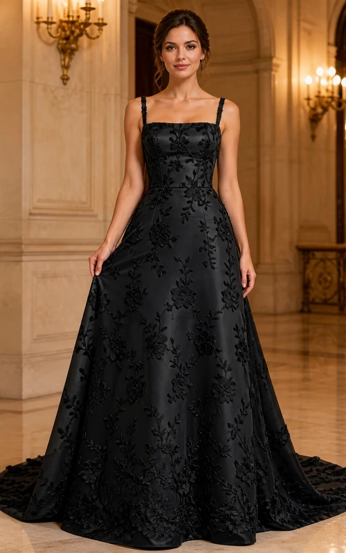 Black Simple A-Line Square Neck Satin Court Train Formal Gown